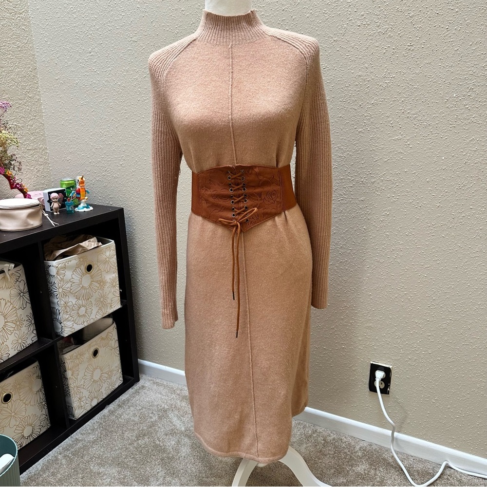 Banana Republic Merino Wool Tan Neutral Long Midi Turtle Neck Sweater Dress XS/S